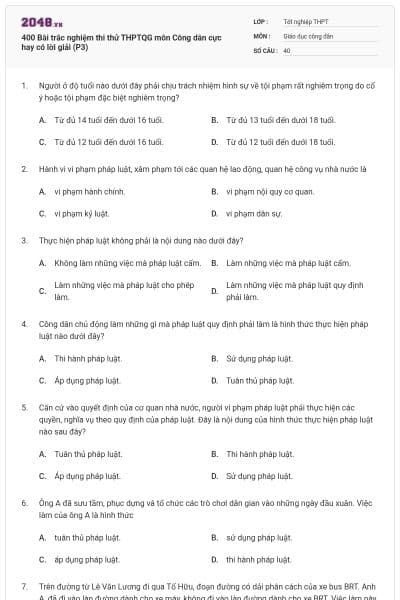 400 Bài trắc nghiệm thi thử THPTQG môn Công dân cực hay có lời giải (P3)