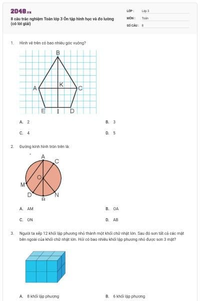 8 câu trắc nghiệm Toán lớp 3 Ôn tập hình học và đo lường (có lời giải)