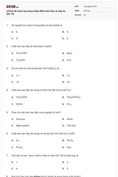 (2024) Đề minh họa tham khảo BGD môn Hóa có đáp án (Đề 15)