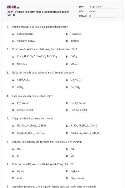 (2024) Đề minh họa tham khảo BGD môn Hóa có đáp án (Đề 16)
