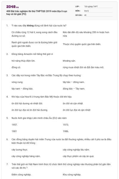 400 Bài trắc nghiệm thi thử THPTQG 2019 môn Địa lí cực hay có lời giải (P3)