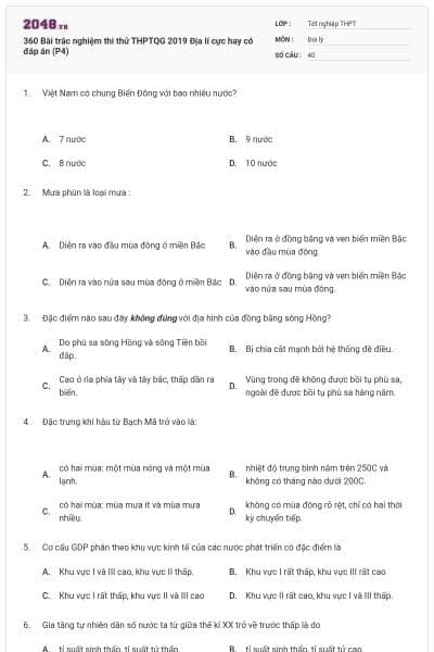 360 Bài trắc nghiệm thi thử THPTQG 2019 Địa lí cực hay có đáp án (P4)
