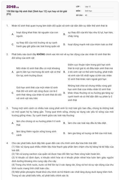 150 Bài tập Hệ sinh thái (Sinh học 12) cực hay có lời giải (P3)