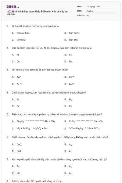 (2024) Đề minh họa tham khảo BGD môn Hóa có đáp án (Đề 19)