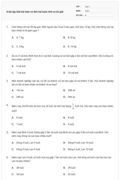 8 bài tập Giải bài toán có đến hai bước tính có lời giải