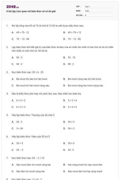 8 bài tập Làm quen với biểu thức số có lời giải