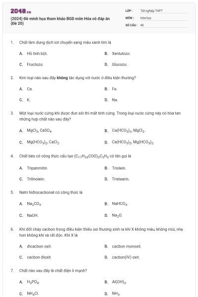 (2024) Đề minh họa tham khảo BGD môn Hóa có đáp án (Đề 20)
