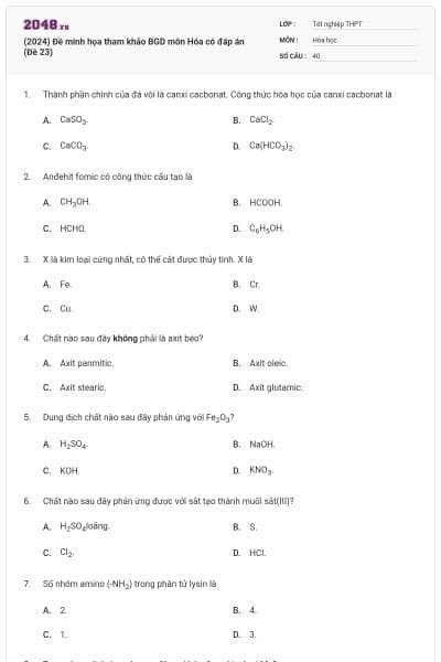 (2024) Đề minh họa tham khảo BGD môn Hóa có đáp án (Đề 23)