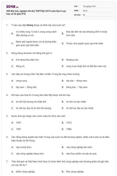 400 Bài trắc nghiệm thi thử THPTQG 2019 môn Địa lí cực hay có lời giải (P3)