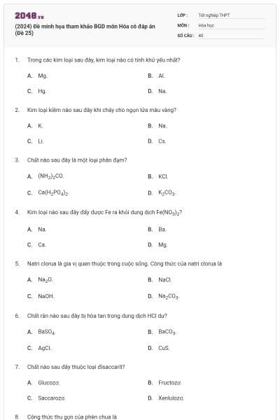 (2024) Đề minh họa tham khảo BGD môn Hóa có đáp án (Đề 25)