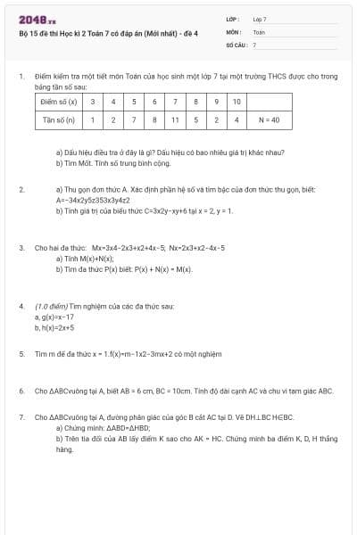 Bộ 15 đề thi Học kì 2 Toán 7 có đáp án (Mới nhất) - đề 4
