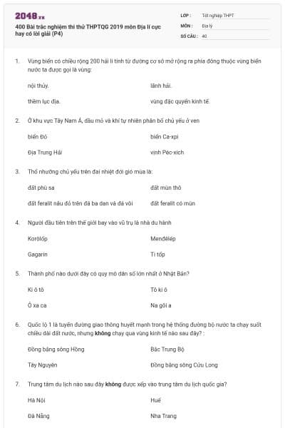 400 Bài trắc nghiệm thi thử THPTQG 2019 môn Địa lí cực hay có lời giải (P4)