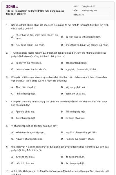 400 Bài trắc nghiệm thi thử THPTQG môn Công dân cực hay có lời giải (P4)