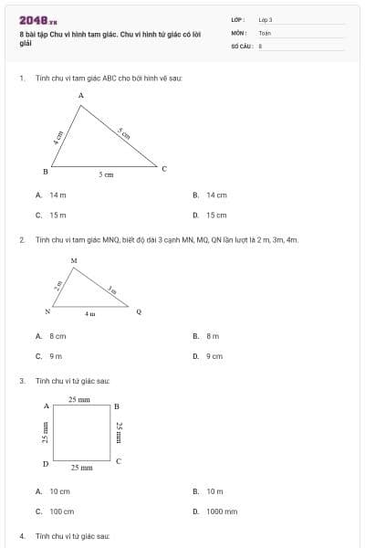 8 bài tập Chu vi hình tam giác. Chu vi hình tứ giác có lời giải