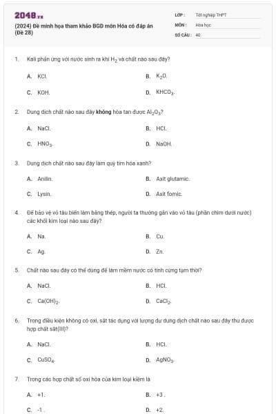 (2024) Đề minh họa tham khảo BGD môn Hóa có đáp án (Đề 28)