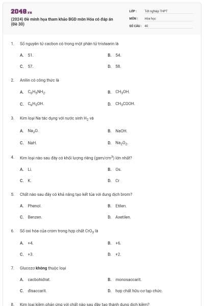(2024) Đề minh họa tham khảo BGD môn Hóa có đáp án (Đề 30)