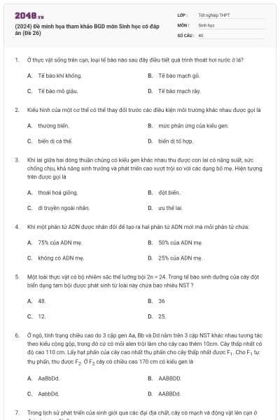 (2024) Đề minh họa tham khảo BGD môn Sinh học có đáp án (Đề 26)