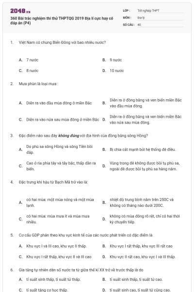 360 Bài trắc nghiệm thi thử THPTQG 2019 Địa lí cực hay có đáp án (P4)