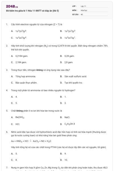 Đề kiểm tra giữa kì 1 Hóa 11 KNTT có đáp án (Đề 5)