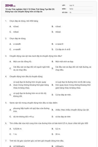 10 câu Trắc nghiệm Vật lí 10 Chân Trời Sáng Tạo Bài 20: Động học của chuyển động tròn có đáp án