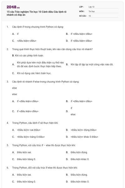 15 câu Trắc nghiệm Tin học 10 Cánh diều Câu lệnh rẽ nhánh có đáp án