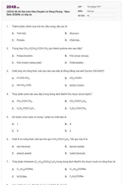 (2024) Đề thi thử môn Hóa Chuyên Lê Hồng Phong - Nam Định (KSĐN) có đáp án