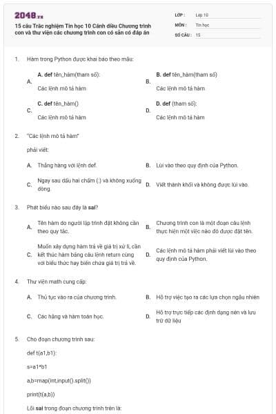 15 câu Trắc nghiệm Tin học 10 Cánh diều Chương trình con và thư viện các chương trình con có sẵn có đáp án