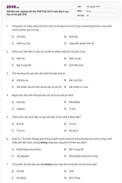 400 Bài trắc nghiệm thi thử THPTQG 2019 môn Địa lí cực hay có lời giải (P4)
