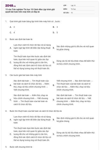 15 câu Trắc nghiệm Tin học 10 Cánh diều Lập trình giải quyết bài toán trên máy tính có đáp án