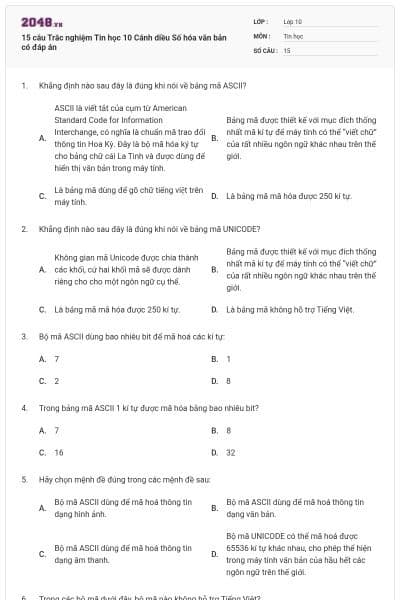 15 câu Trắc nghiệm Tin học 10 Cánh diều Số hóa văn bản có đáp án