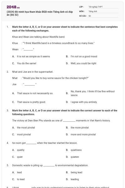 (2024) Đề minh họa tham khảo BGD môn Tiếng Anh có đáp án (Đề 32)