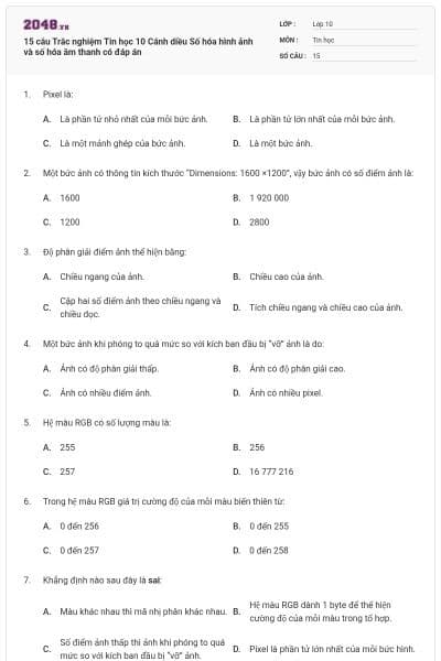 15 câu Trắc nghiệm Tin học 10 Cánh diều Số hóa hình ảnh và số hóa âm thanh có đáp án