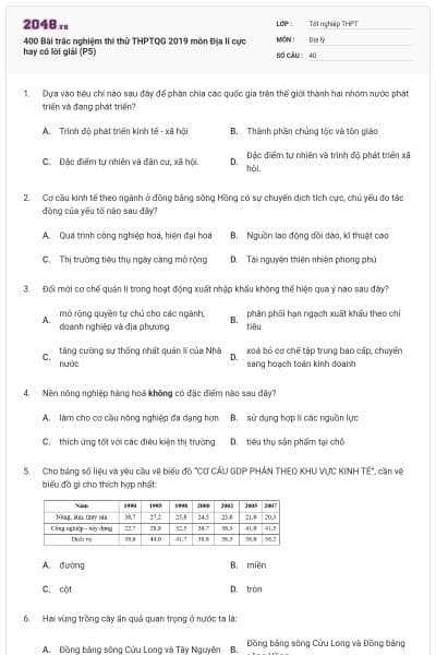 400 Bài trắc nghiệm thi thử THPTQG 2019 môn Địa lí cực hay có lời giải (P5)