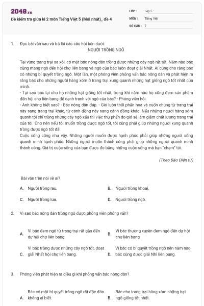 Đề kiểm tra giữa kì 2 môn Tiếng Việt 5 (Mới nhất)_ đề 4