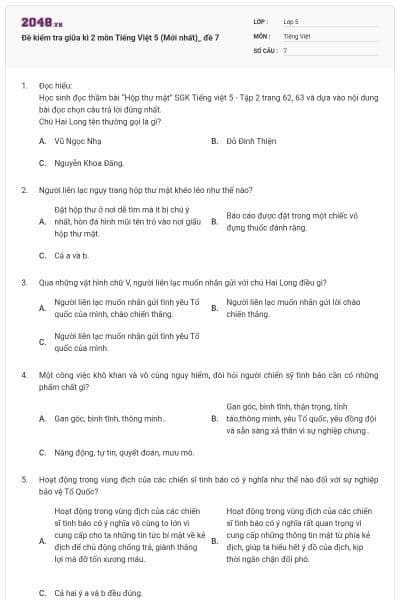 Đề kiểm tra giữa kì 2 môn Tiếng Việt 5 (Mới nhất)_ đề 7