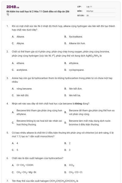 Đề kiểm tra cuối học kì 2 Hóa 11 Cánh diều có đáp án (Đề 1)