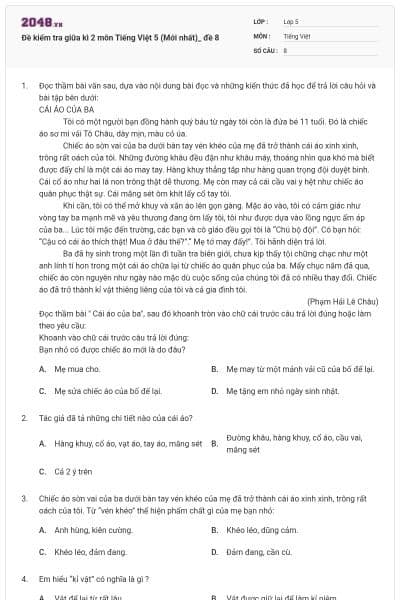 Đề kiểm tra giữa kì 2 môn Tiếng Việt 5 (Mới nhất)_ đề 8