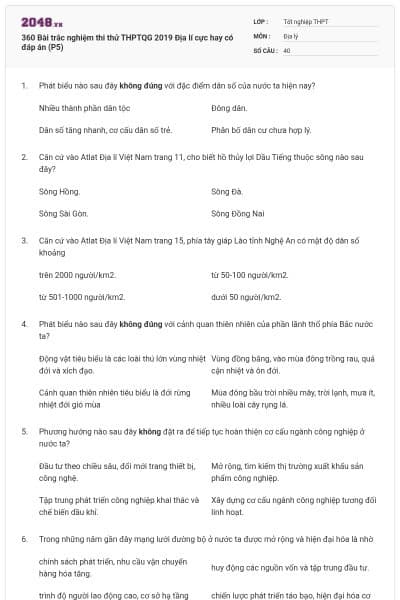 360 Bài trắc nghiệm thi thử THPTQG 2019 Địa lí cực hay có đáp án (P5)