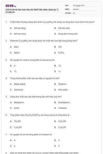 (2024) Đề thi thử môn Hóa Sở GDĐT Bắc Ninh (Giữa kỳ 1) có đáp án