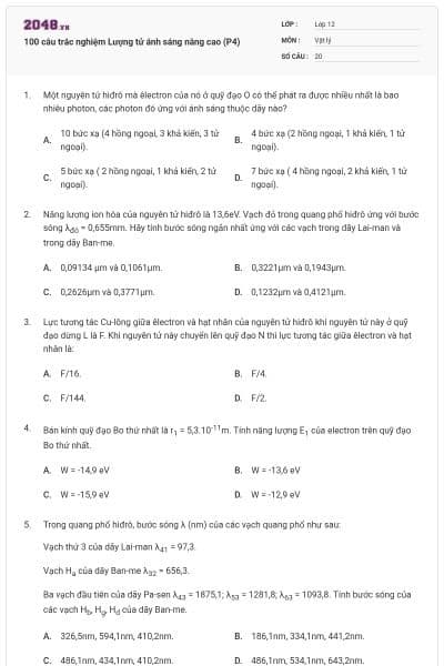 100 câu trắc nghiệm Lượng tử ánh sáng nâng cao (P4)