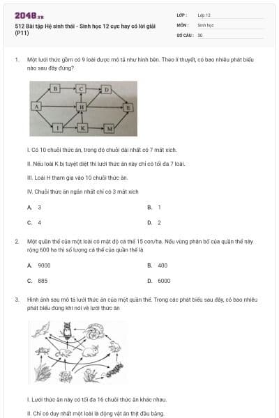 512 Bài tập Hệ sinh thái - Sinh học 12 cực hay có lời giải (P11)