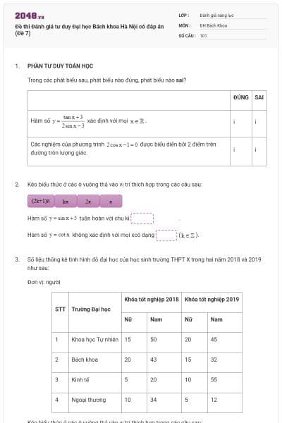 Đề thi Đánh giá tư duy Đại học Bách khoa Hà Nội có đáp án (Đề 7)