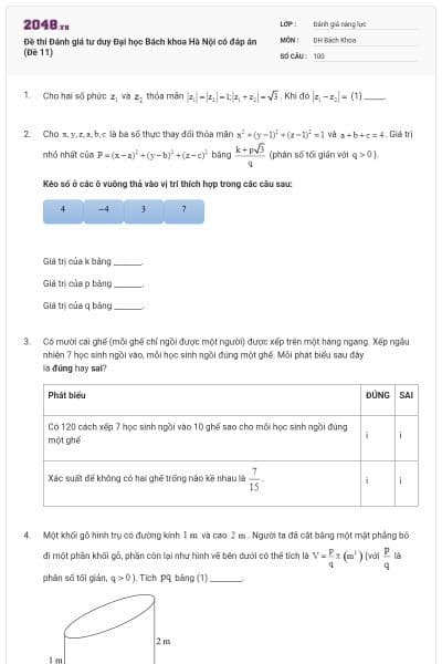 Đề thi Đánh giá tư duy Đại học Bách khoa Hà Nội có đáp án (Đề 11)