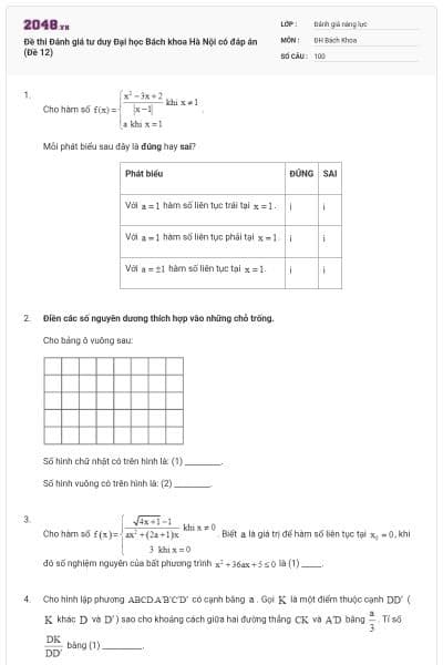 Đề thi Đánh giá tư duy Đại học Bách khoa Hà Nội có đáp án (Đề 12)