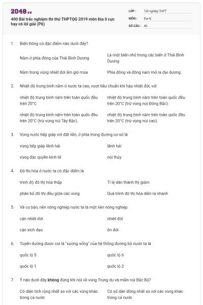 400 Bài trắc nghiệm thi thử THPTQG 2019 môn Địa lí cực hay có lời giải (P6)
