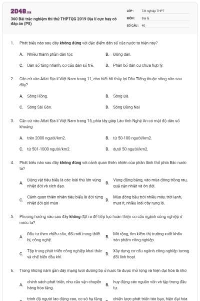 360 Bài trắc nghiệm thi thử THPTQG 2019 Địa lí cực hay có đáp án (P5)