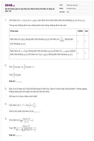 Đề thi Đánh giá tư duy Đại học Bách khoa Hà Nội có đáp án (Đề 14)