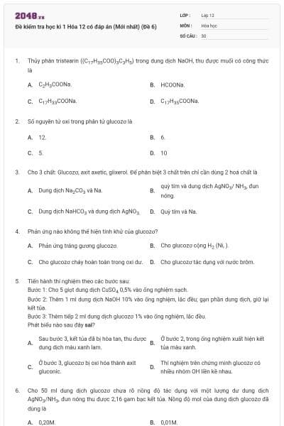 Đề kiểm tra học kì 1 Hóa 12 có đáp án (Mới nhất) (Đề 6)