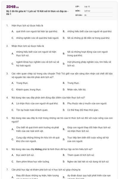 Bộ 2 đề thi giữa kì 1 Lịch sử 10 Kết nối tri thức có đáp án - Đề 1