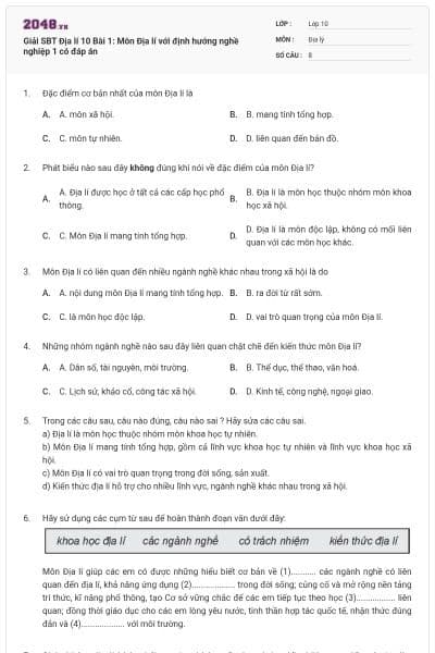 Giải SBT Địa lí 10 Bài 1: Môn Địa lí với định hướng nghề nghiệp 1 có đáp án